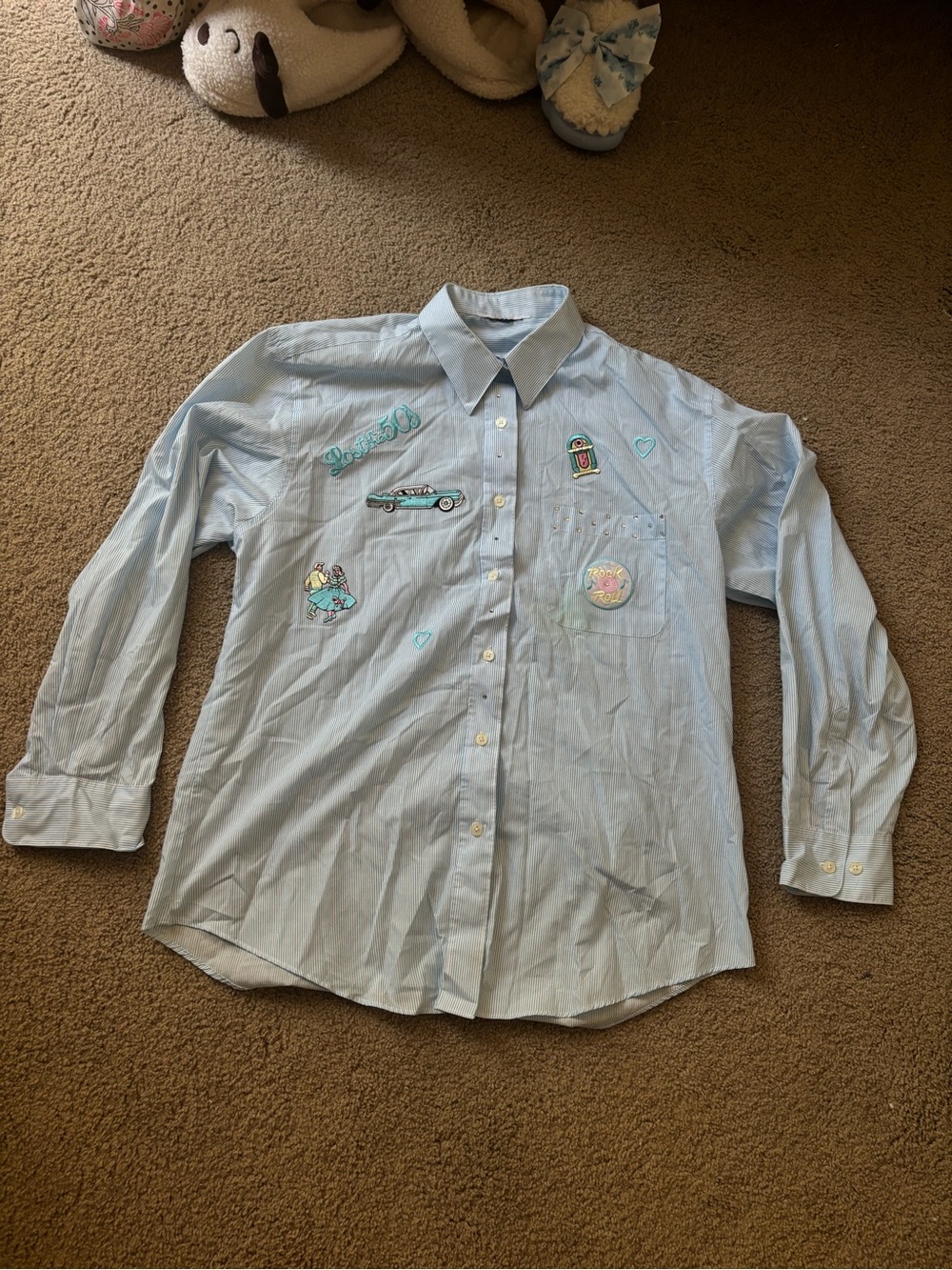 Light Blue Button-Up Shirt with Embroidered Patches